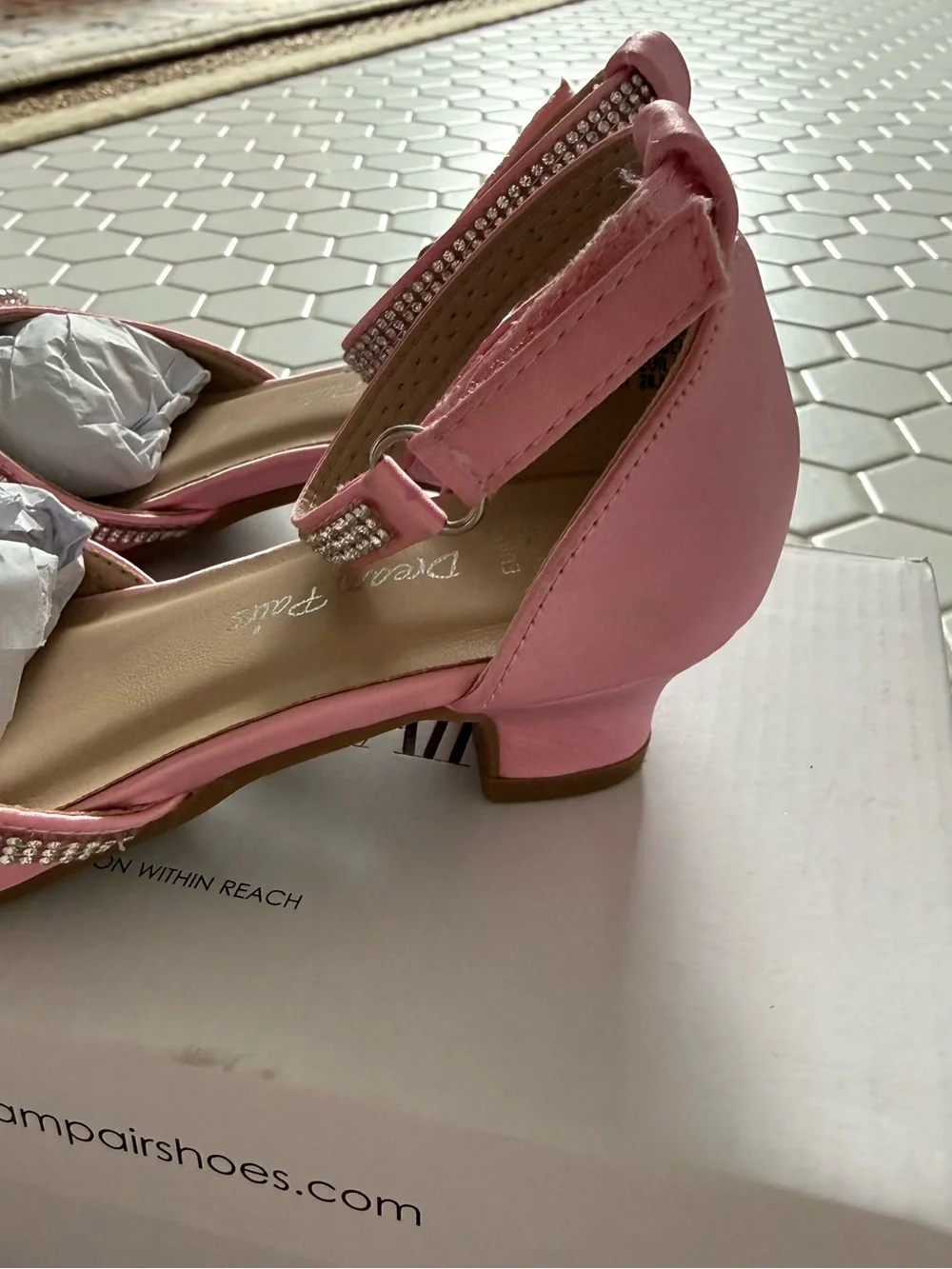 Girls' Pink Ankle-Strap Dreamy Dress Flats with Bow and Rhinestones